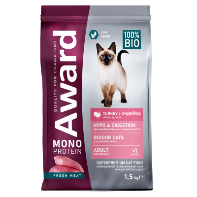 AWARD Monoprotein сухой корм для кошек с индейкой, яблоками и артишоками 1,5кг