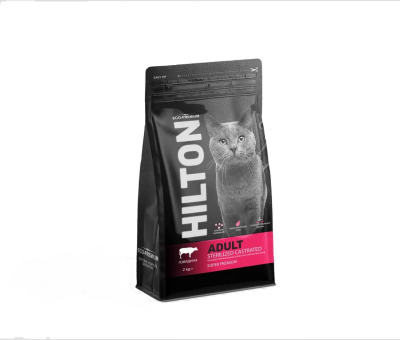 Hilton Сухой корм 2кг для стерилизованных кошек и кастрированных котов с говядиной