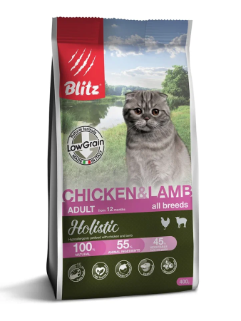 1BLITZ HOLISTIC Корм для кошек низкозерновой Курица и ягненок 400г
